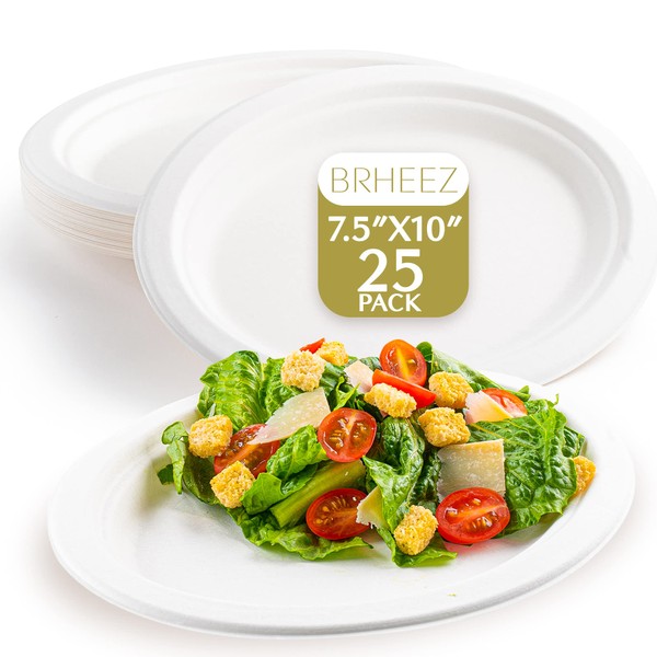 brheez Disposable Oval Paper Dinner Plates (25 Count) More Heavy Duty Than Paper Plates (7.5"x10") Natural, Compostable Disposable Platters, Large Oval Paper Plates - Heavy Duty