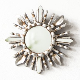 Decorative Small Round Wall Mirror 6in- Peruvian Accent Wood Gold Leaf sunburst Mirror for Wall room decor (Silver)