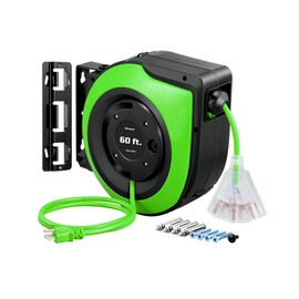 DEWENWILS Retractable Cord Reel, 60FT Heavy Duty Extension Cord, 12AWG/3C SJTOW, 3 Grounded Outlets Lighted Triple Tap, 15A Circuit Breaker, Wall/Ceiling Mounted for Garage, Workshop, UL Listed, Green