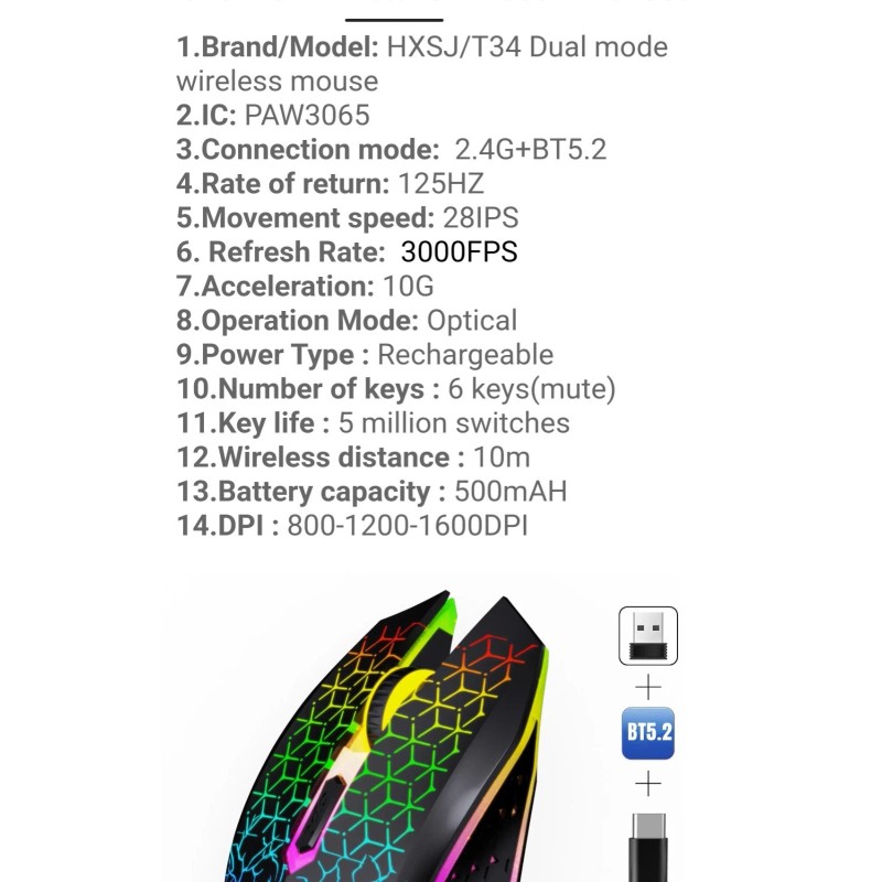 HXSJ New Wireless GAMING MOUSE back Lite 6 keys LED