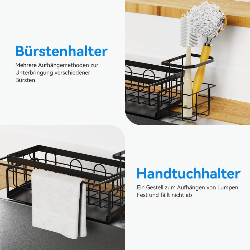 LYRIFFTIC Sink Organiser, Black, Sponge Holder, Sink, Kitchen Organiser with