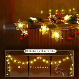 30 Led 10ft Christmas Garland Snowflake Lights, Pine Cones Red Berry Battery Operated Fairy String Lights 8 Lighting Modes with Timer Indoor Outdoor Tree Decor Fireplace Mantle Decorations Warm White