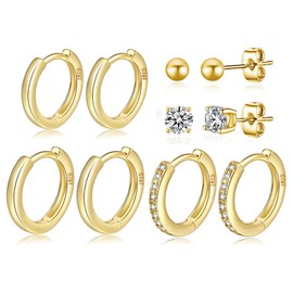 4 Pairs of Small Hoop Earrings for Women 925 Silver Post Huggie Hoop Earrings Set 18 Carat Gold/Silver Hoop Earrings for Girls Multiple Piercings Small Ball Stud Earrings, Cubic Zirconia, No gemstone