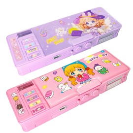 【2Pack】Pop Up Multifunction Pencil Case for Girls and Boys, Cute Cartoon Pen Box Organizer Stationery with Lock, Sharpener, Schedule, Whiteboard, School Supplies, Best Gifts for Kids (Purple+Pink)