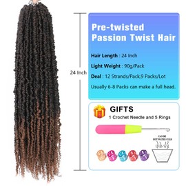 Passion Twist Crochet Hair,24 Inch 6 Packs Pretwisted Passion Twist Hair, Soft Pre Looped Crochet Hair For Women，Short Curly Crochet Twists Braids(24",T30#)