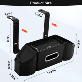 Hiitytin 7-In-1 Car Seat Back Organizer with 3.74” Cup Holders, Tissue Box, Garbage Can & Hooks, Multifunctional Car Seat Back Storage Box, Extra Headrest Cup Holder for Backseat (Black)