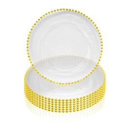 Trimming Shop Elegant Glass Charger Plates with Gold Bead Design, Perfect for Weddings, Parties, and Dining Event Décor - Decorative Glass Chargers with Golden Beaded Rim, Pack of 6