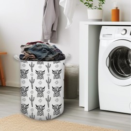 HKTZM Western Laundry Basket, Retro Western Highland Cow Cactus Waterproof Collapsible Laundry Hamper Dirty Clothes Storage Toy Bin Organizer for Western Bathroom Bedroom, Western Home Decor