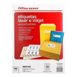Office Depot 3 Etiqueta Od5160 Adhesiva Laser/inkjet 6.6 X 2.54cms C/750