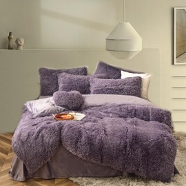 MorroMorn Fluffy Comforter Duvet Cover Set, 5 Pcs Bedding Sets Faux Fur Plush Velvet Shaggy Ultra Soft Luxury for King Cal King Size Bed Dark Purple