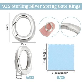 Beebeecraft 1 Box 2Pcs Oval Spring Clasp 925 Sterling Silver Small Spring Gate Rings Clip Snap Hook with Polishing Cloth for Necklace Bracelet Jewelry Making