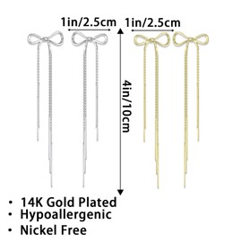 2 Pcs Bow Earrings for Women 14K Silver Gold Bow Earrings for Women,Gold Plated Elegant Long Dangling Drop Christmas Bows Earring with Sparkling, Trendy Silver Design Holiday Party Prom Jewelry Gifts