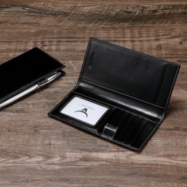 HISCOW Soft Leather Checkbook Cover & Card Holder with Divider - Italian Calfskin (Antiqued Black)