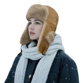 Clakllie Warm Winter Hat with Ear Flaps for Women Cold Weather Trapper Hats Lumberjack Ushanka Russian Hunting Cap,Camel