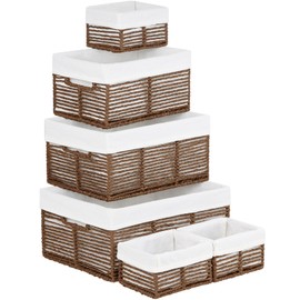 Vagusicc Wicker Storage Basket, 6 Pack Baskets for Organizing, Wicker Baskets with Handle, Rectangular Wicker Baskets for Storage Shelves, Cube Storage Bins for Closet/Clothes/Dresser, Brown
