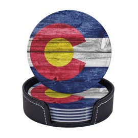 Colorado Majestical Flag On Wood Leather Drinks Coasters with Holder Set of 6, Suitable for Kinds of Cups