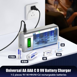 Battery Charger for C D AA AAA 9V Ni-MH Ni-CD Rechargeable Batteries with Discharge Function & AC Plug Included and Car Charging Cable