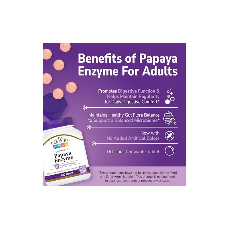 21st Century Papaya Enzyme Chewable Tablets, 100 Count