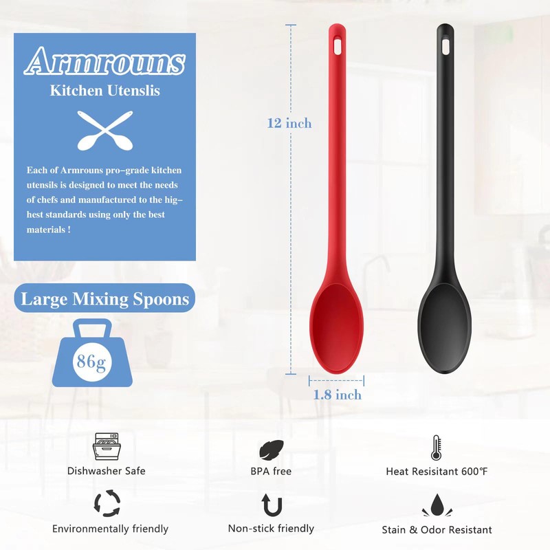 Armrouns Long handle Silicone Mixing Spoon, 12" Stirring Spoons Nonstick