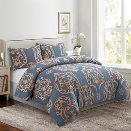 Marina Decoration Soft Silky Rich Printed Rayon from Bamboo All Season 4 Pieces Duvet Cover Fitted Sheet Ensemble Bedding Set with Zipper and Corner Tie, Gold Damask Navy Blue Pattern Queen Size