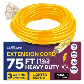 75ft Power Outdoor Extension Cord & Indoor - Waterproof Electric Drop Cord Cable - 3 Prong, 3-Outlet, SJTW, 12 Gauge, 15 AMP, 125 Volts, 1875 Watts, 12/3 ETL Listed by LifeSupplyUSA - Yellow (1 Pack)