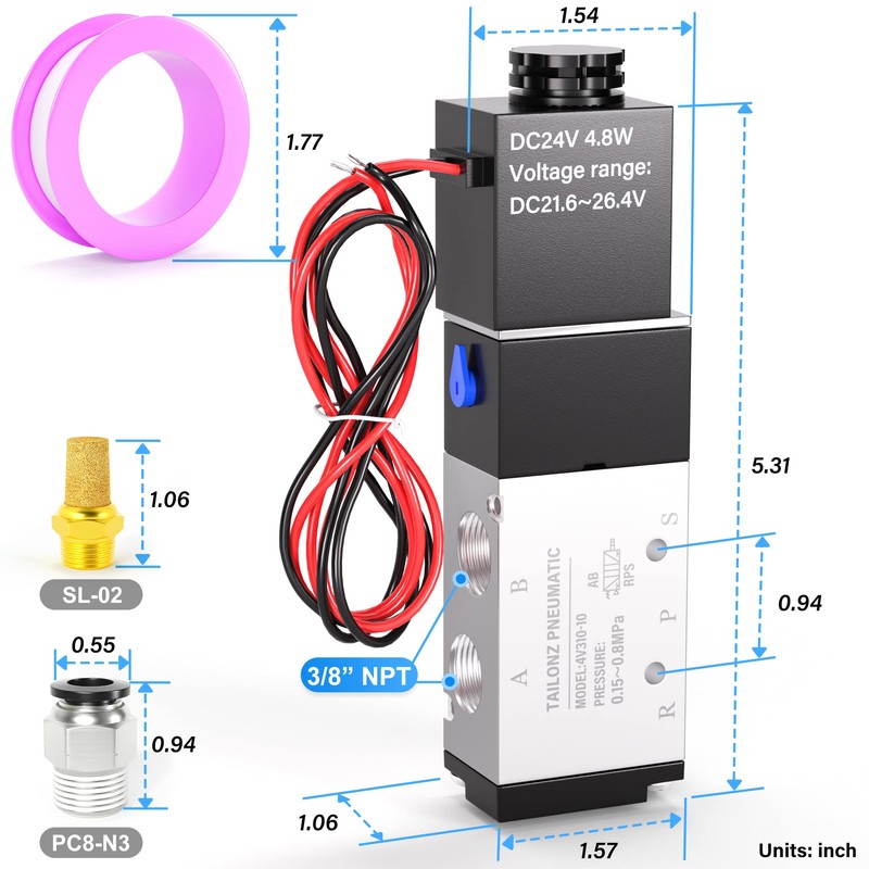 TAILONZ PNEUMATIC 3/8"NPT 24V Solenoid Valve 4V310-10 12V/24V/110V/220V Single Coil