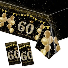 Xjoviative 2 Pack 60th Birthday Tablecloth Plastic 54x108 Inch, Black Gold 60th Birthday Table Cloth Disposable Table Cover Rectangle for Men Wome Cheers to 60 Years Party Decorations (60th)