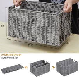Vagusicc Wicker Storage Basket, Set of 2 Hand-Woven Paper Rope Wicker Basket, Small Storage Baskets for Organizing Toilet Paper Basket, Foldable Large Cube Storage Organizer Bins for Shelves (Grey)