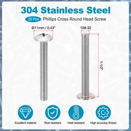 PATIKIL 10#-32x1-1/2" Truss Head Screws, 20Pcs Phillips Head Wood Sheet Metal Screws UNC 304 Stainless Steel Screw Fasteners for Household Appliances, Furniture, Ceiling Fan Blade