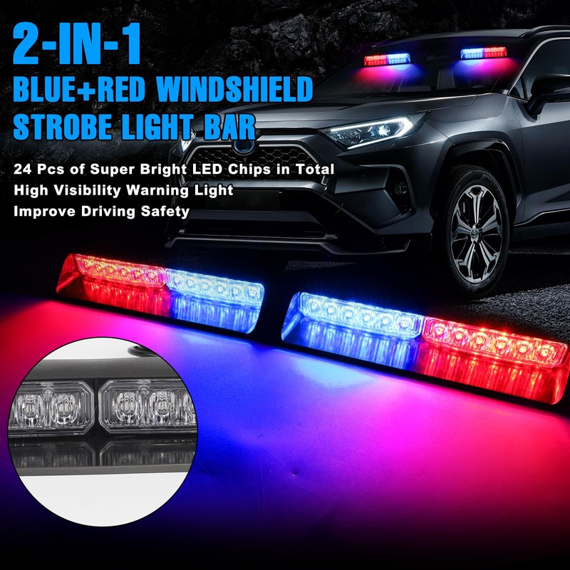 Afurkuot Red & Blue LED Windshield Dash Strobe Lights, 26