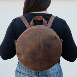 Heather's, Circular Backpack with Adjustable Straps, Travel Accessory, Casual Daypack, Full Grain Leather, Handmade, Bourbon Brown