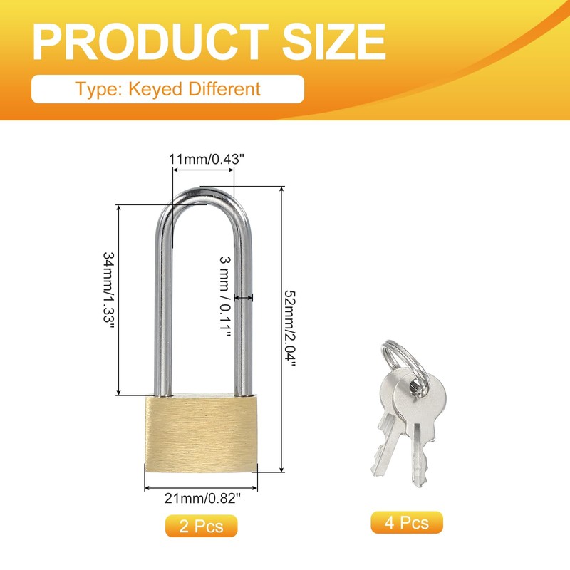 PATIKIL Solid Brass Padlocks 2", 2 Pcs Keyed Different Long