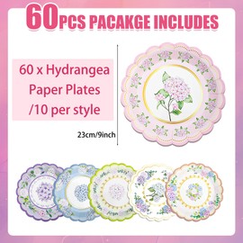 Ouvibor 60 Pcs Hydrangea Paper Plates 9 Inches Tea Party Decorations Tableware Tea Time Party Plates Bulk Hydrangea Theme Party Supplies for Wedding Birthday Baby Shower Bachelorette Bridal Shower