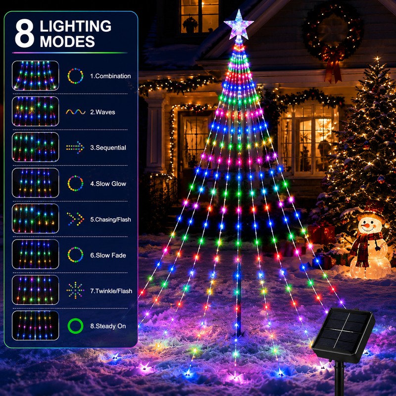 Solar Christmas Tree Waterfall Lights for Outdoor Decor – 9-Strand