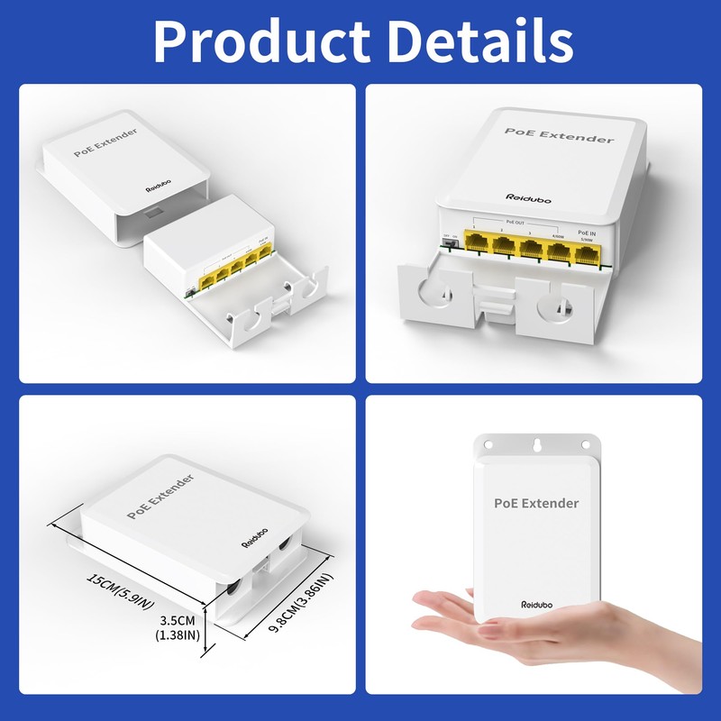 Reidubo 5 Ports Outdoor PoE++ Gigabit Extender, 1 in 4