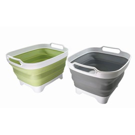SAMMART 7.5L (2 gallons) Collapsible Plastic Dishpan with Draining Plug - Portable Washing Basin - Foldable Washing Tub - Pop Up Saving (Grey + Olive Green (Set of 2))