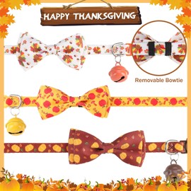 PUPTECK Thanksgiving Bow Tie Cat Collar with Bell - Breakaway Safety 3-Pack, Adjustable Fall Bowtie Kitten Collars for Boy & Girl Cats, Puppies, Bunnies and Small Pets, Cute Costume Accessory