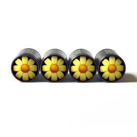 BGM Yellow Daisy Flower Emoji Tire Valve Stem Caps - Aluminum - Set of Four