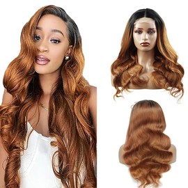 Weeybay 4x4 Body Wave Lace Front Wigs 1B/30 Black Root Light Brown Human Hair Wig 8A Glueless Baby Hair Ombre Brown Color for Women 28 Inch
