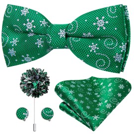 Dubulle Mens Christmas Pre Tied Bow Ties and Lapel Pin Festival Pattern Handkerchief Cufflinks Bowties for Men,Green White
