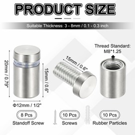 PATIKIL 1/2x0.79" Standoff Screws, 8 Pack Stainless Steel Stand Off Wall Mounts Wall Sign Mounting Hardware Advertising Standoff Nail for Hanging Acrylic Signs Picture Frame, Silver