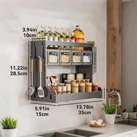 ANQIA Kitchen Seasoning Shelf Spice Rack Wall Mount with Hooks and Utensil Holder Hanging Seasoning Box Shelf Seasoning Jar Organizer for Sugar Salt Pepper Oil Bottle (4 Boxes)