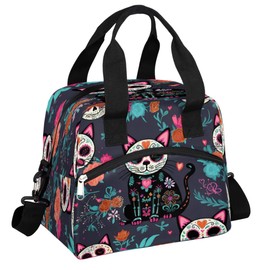 UOYO Lunch Bag Sugar Skull Flower Cat Lunchbox Organizer Insulated Waterproof Men Women Tote Cooler Handbag Adjustable Shoulder Strap for kids Girls Boys School Office Picnic