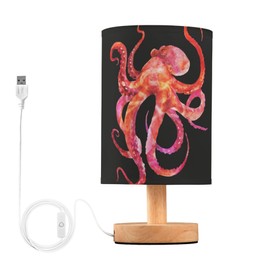 YYZZH Table Lamp Watercolor Red Pink Octopus with Tentacle Marine Animal Sea Life Nightstand Lamp with Wood Base Fabric Lamp Shade Bedside Desk Lamp for Living Room Bedroom Kids Room Office