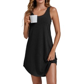 Vrtige Women's Tank Nightgown Sleeveless Sleepwear Scoop Neck Full Slip Chemise Nightdress Black Medium