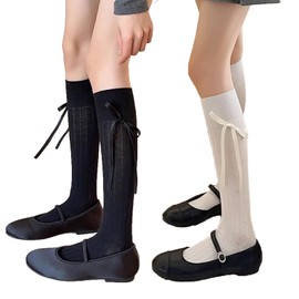 YANHUILAY Women's Cotton High Socks, Set of 2, School Socks, Below the Knee, Long Socks, Cute, Ribbon, Solid, Compression Socks, Beautiful Legs, Soft, Stretchy, Breathable, For Work or School, Travel