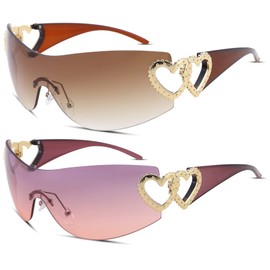 COASION Wrap Around 2000S Rimless Sunglasses for Women Men Oversized Trendy Sun Glasses Visor Shield Shades (Purple/Gradient Purple + Tea/Gradient Brown)