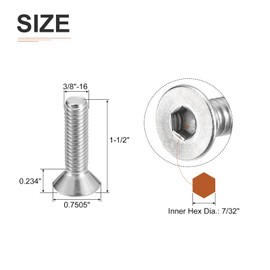 DTGN 3/8-16 x 1-1/2" Flat Head Socket Cap Screws, 20 Pack 304 Stainless Steel Hex Socket Flat Head Screws, Full Thread, Countersunk Bolts