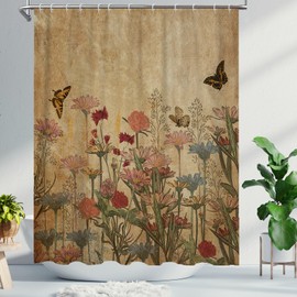 DuriLolly Floral Shower Curtain for Bathroom, Boho Retro Extra Long Flower Shower Curtains, Rustic Farmhouse Botanical Shower Curtain 71x84 Inch, Nature Plant Leaves Butterfly Fabric Bathroom Decor