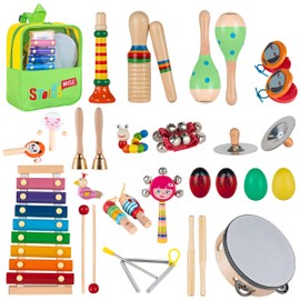 Stoie's Wooden Kids Musical Instruments for 1-5 Years Old, Baby Percussion Toys with Xylophone, Maracas, Tambourine, Durable, Safe to Play, Clear Loud Sound, Bright Rainbow Colors, Storage Backpack